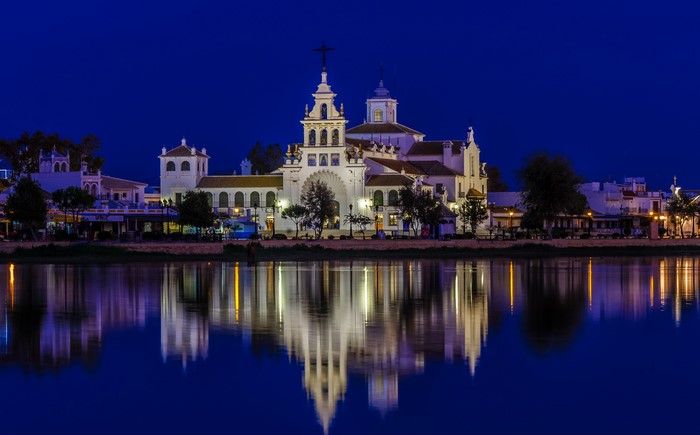 El Rocio, Andalusia, Spain at Night with River Reflection