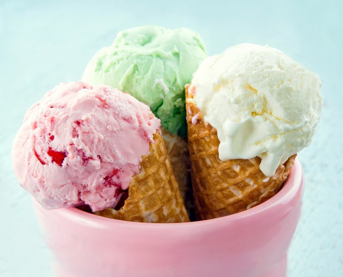 Three scoops of ice cream in cones