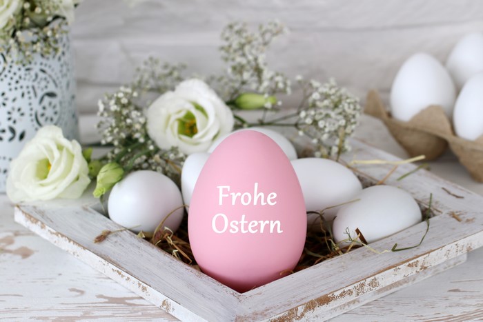 Easter eggs with Frohe Ostern text