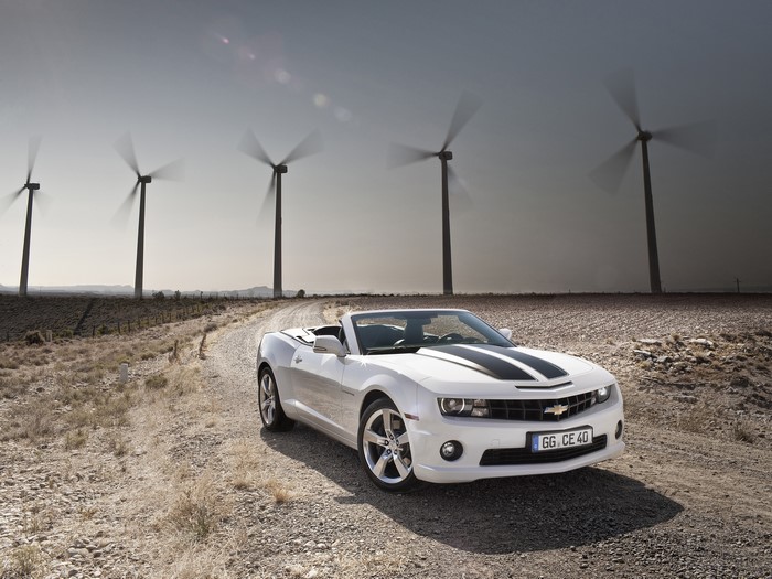 White Chevrolet Camaro Convertible with Wind Turbines