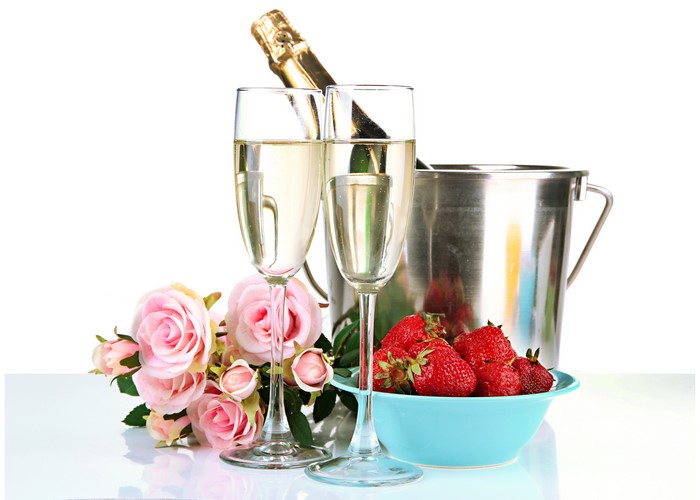 Champagne, Strawberries, Roses, and Champagne Bucket
