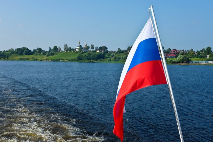 Russian flag on a boat on the Volga River
