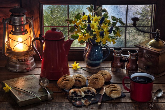 Still-life with Kerosene lamp, Pastry, Coffee, and Flowers