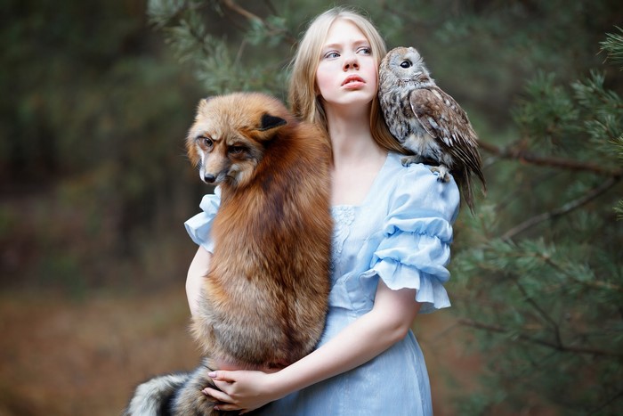 Girl with fox and owl in forest