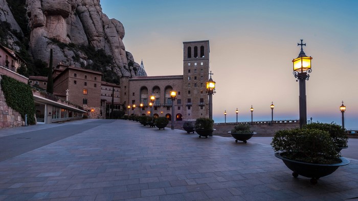 Montserrat Monastery in Catalonia, Spain at dusk