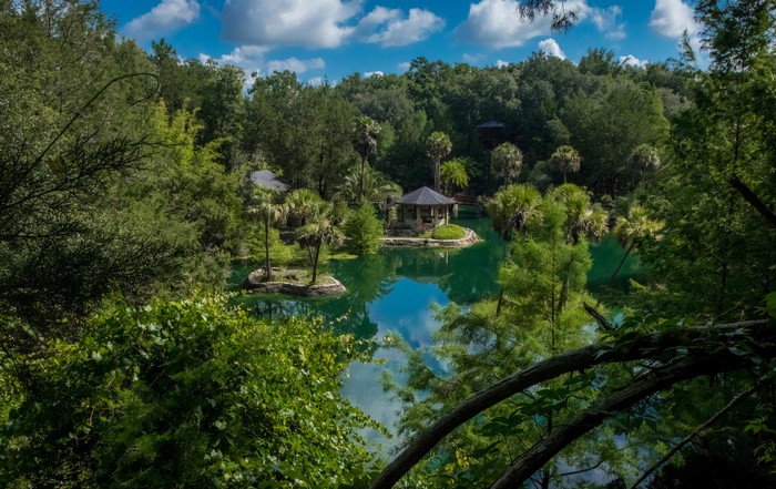 Gazebo on an island in a lake at Cedar Lakes Woods and Gardens, Florida