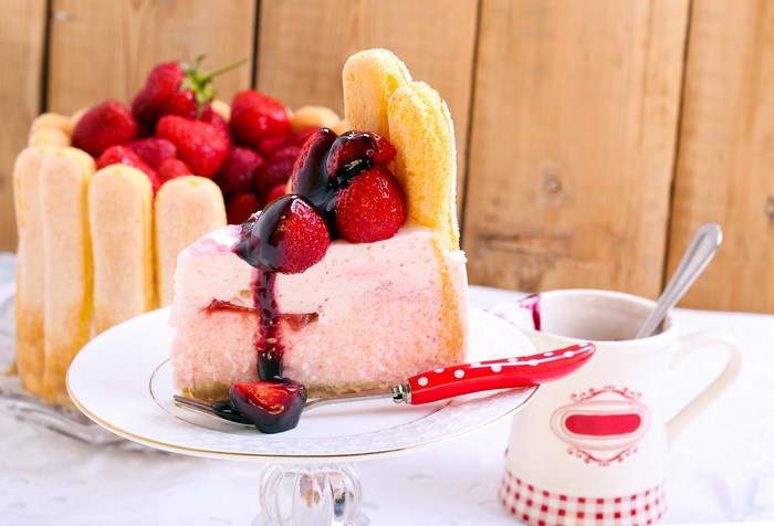 Strawberry Charlotte Cake Slice with Berries and Sauce
