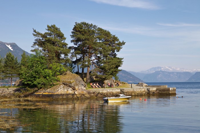 Balestrand, Norway Bay with Trees and Boat