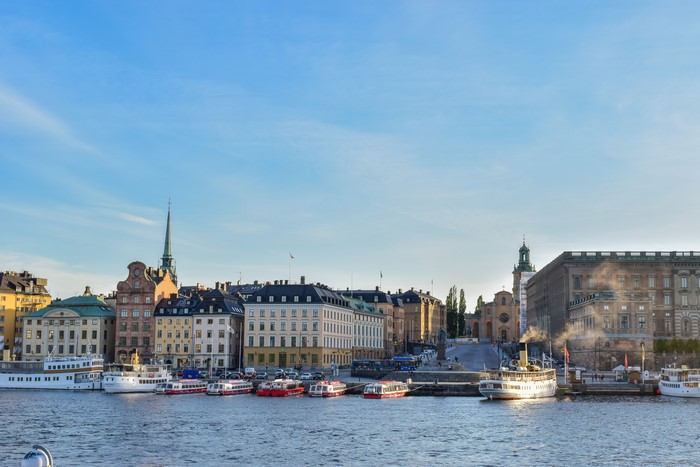 Stockholm waterfront with boats and historic buildings