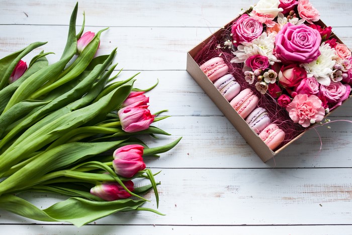 Pink Tulips and Roses with Macarons in a Box