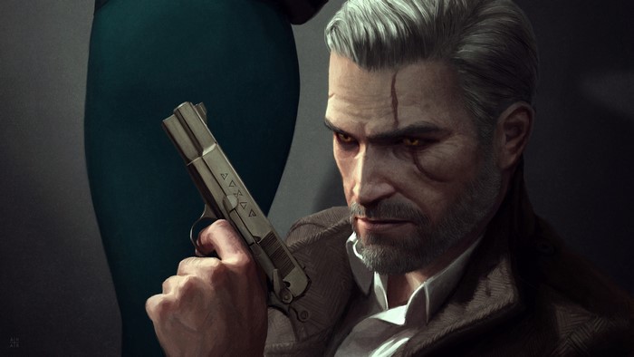 Geralt of Rivia from The Witcher 3 holding a pistol