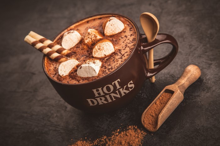 Hot chocolate drink with marshmallows and wafer sticks
