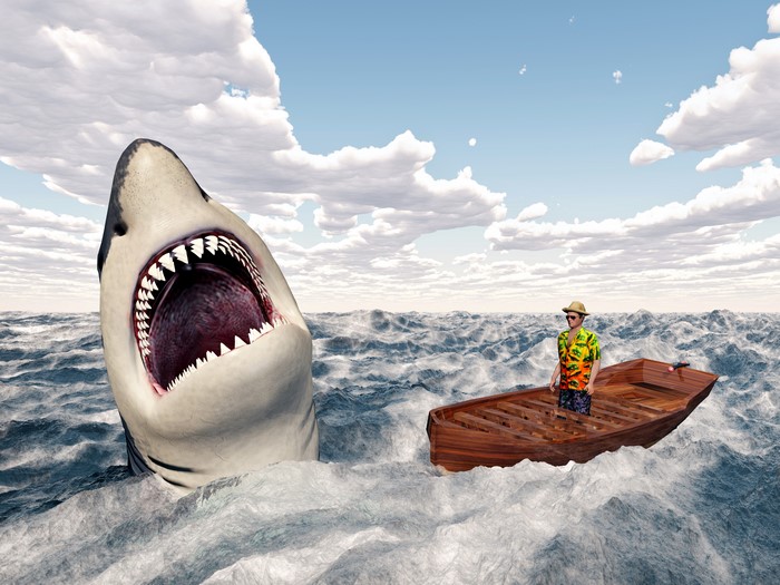 Shark attacking a man in a boat
