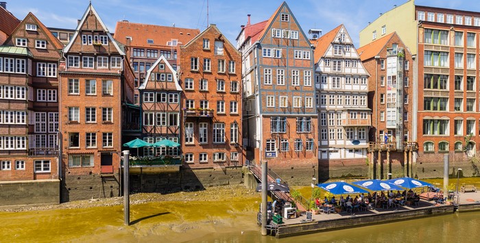 Hamburg houses and cafe by the water