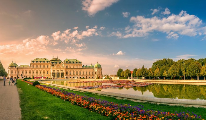 Schloss Belvedere Palace in Vienna, Austria with pond and flowers
