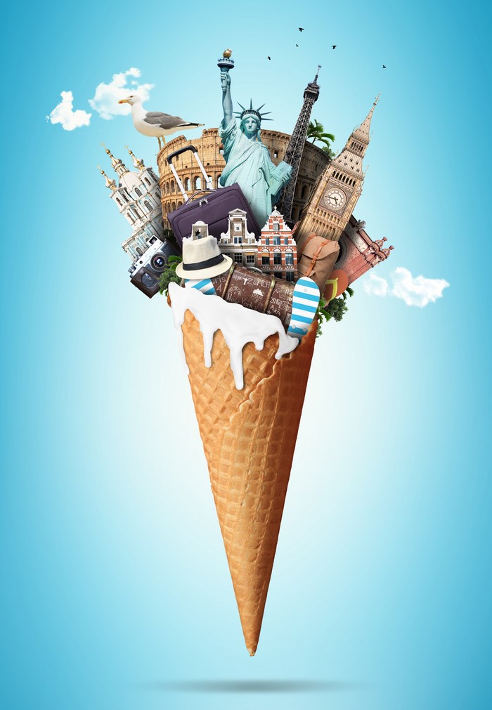 Travel destinations in an ice cream cone