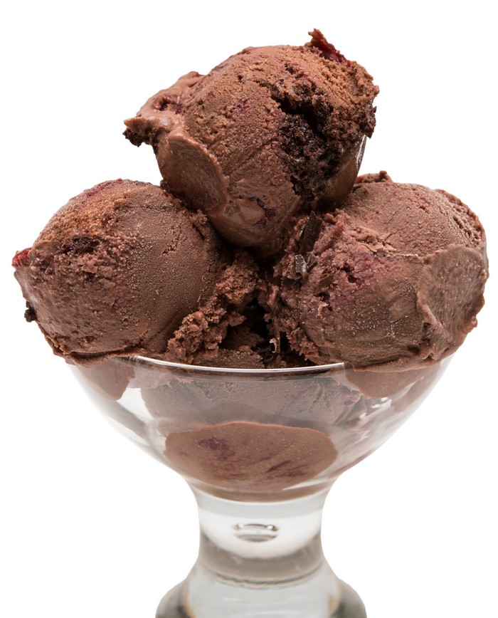 Chocolate ice cream scoops in a glass bowl