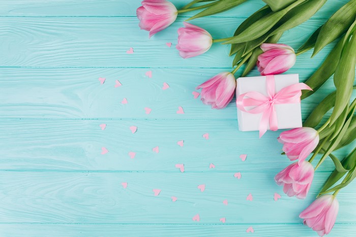 Pink Tulips and Gift Box on Wood Planks