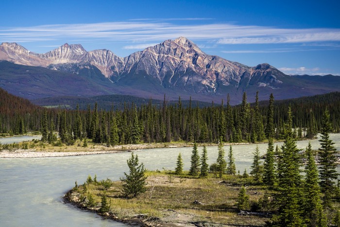 Athabasca River and Mountains in Jasper National Park, Canada