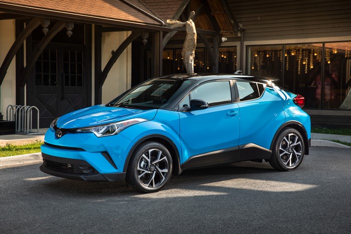 Blue 2018 Toyota C-HR parked outside building