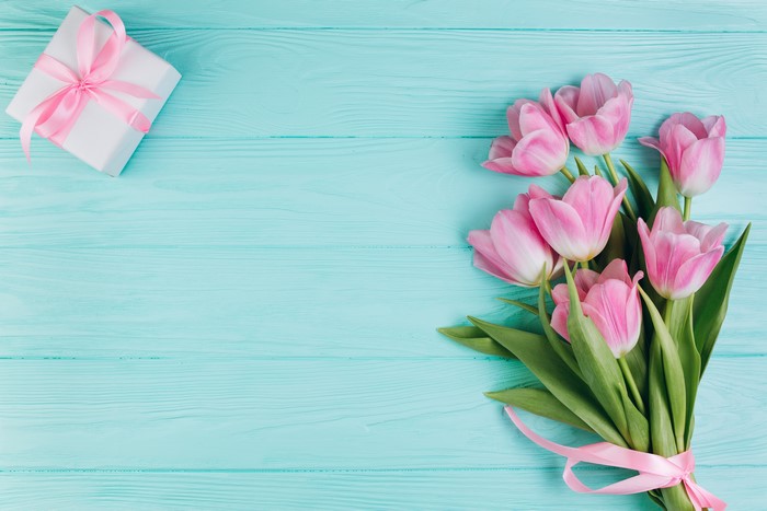 Pink Tulips and Gift Box on Blue Wooden Background