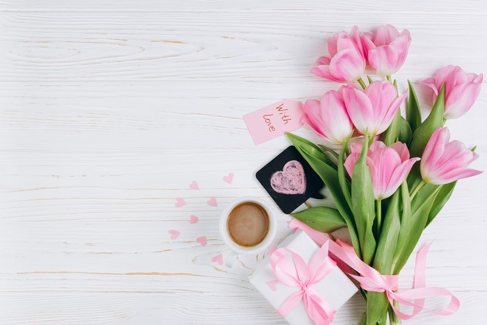 Pink Tulips with Coffee and Gift