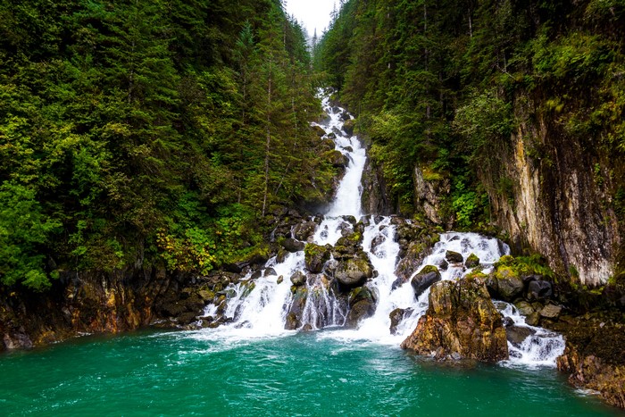 Waterfall cascading through a dense forest in Alaska