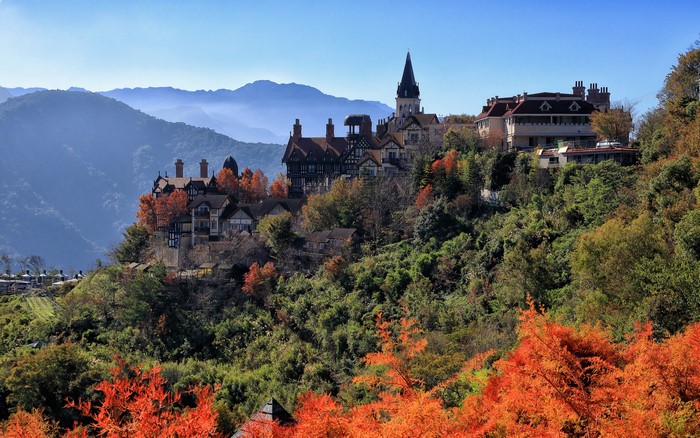 European-style houses on a mountainside in Taiwan during autumn
