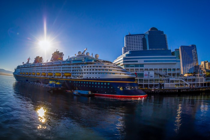 Cruise liner docked in Vancouver harbor with city skyline