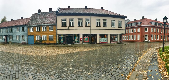 Street in Fredrikstad, Norway with historic buildings