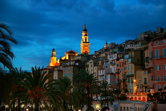 Menton, France at Dusk with Palm Trees
