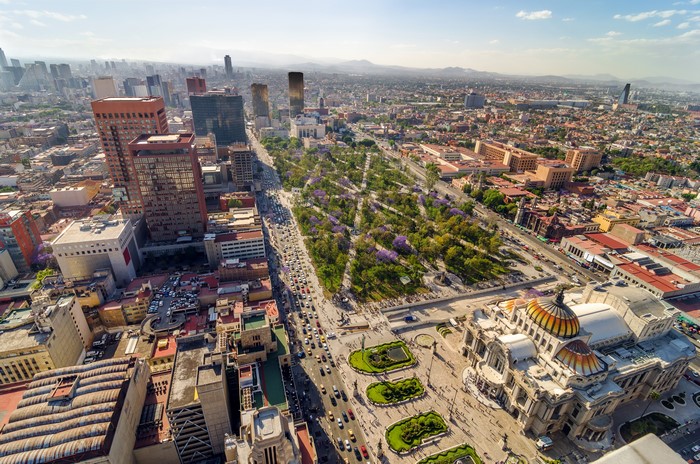 Aerial view of Mexico City with Palacio de Bellas Artes