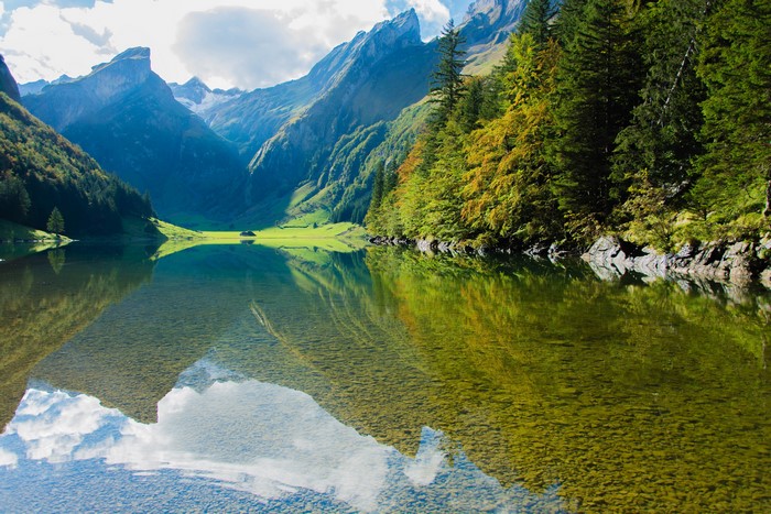 Mountains reflected in a clear lake