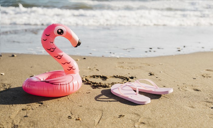 Flamingo float and flip-flops on a beach