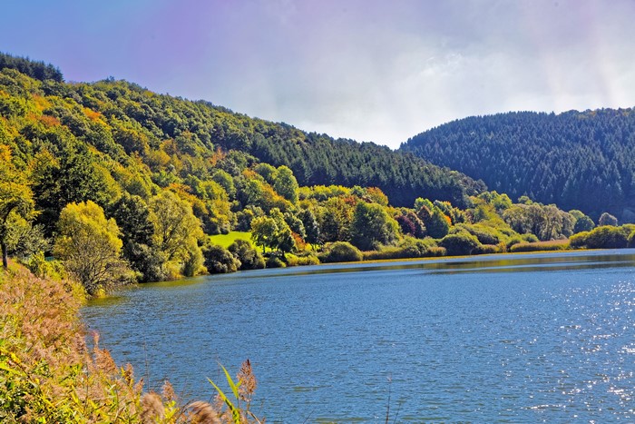 Meerfelder Lake with autumn forest in Germany