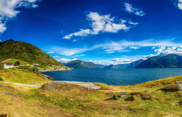 Panoramic view of a Norwegian fjord with houses and mountains
