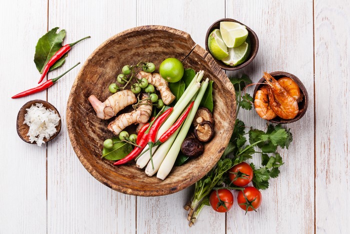 Ingredients for Tom Yum Soup on Wood Planks