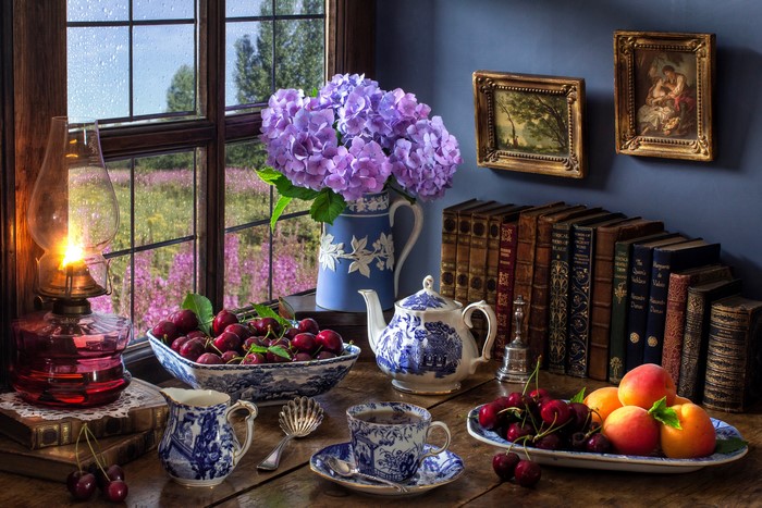 Still-life with Hydrangeas, Cherries, Books, and Tea Set