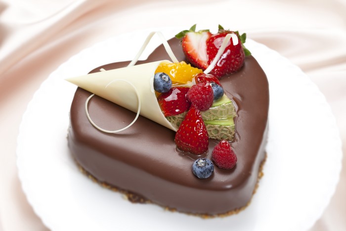 Chocolate Heart Cake with Fresh Berries and Fruit