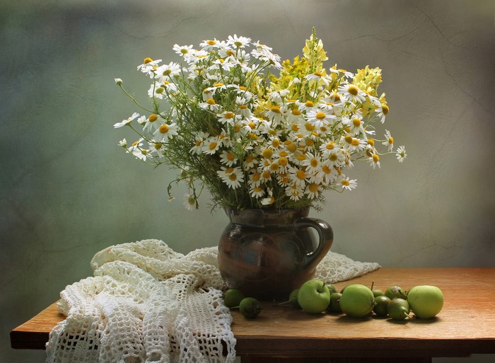 Rustic Still Life with Daisies and Green Apples