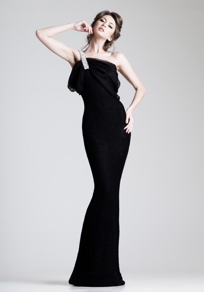 Woman in a black strapless dress