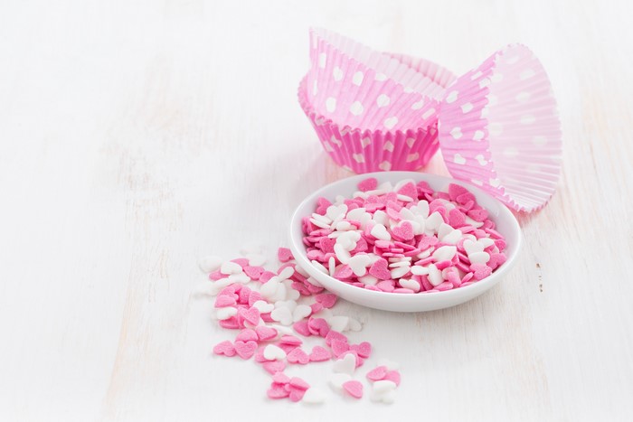 Pink polka dot cupcake liners and heart sprinkles