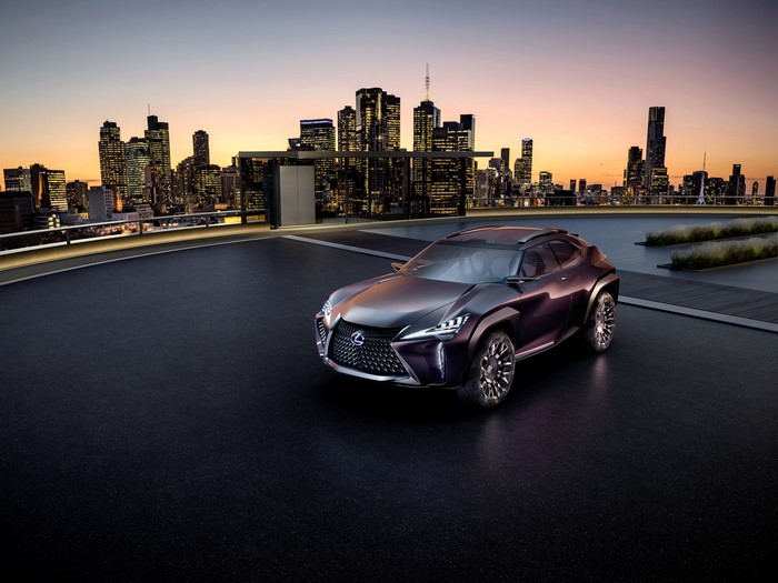 Lexus UX Concept car on a rooftop with city skyline