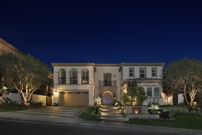 Luxury Mediterranean-style house at night in Yorba Linda, California