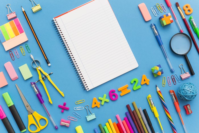 School stationery and math equation on blue background