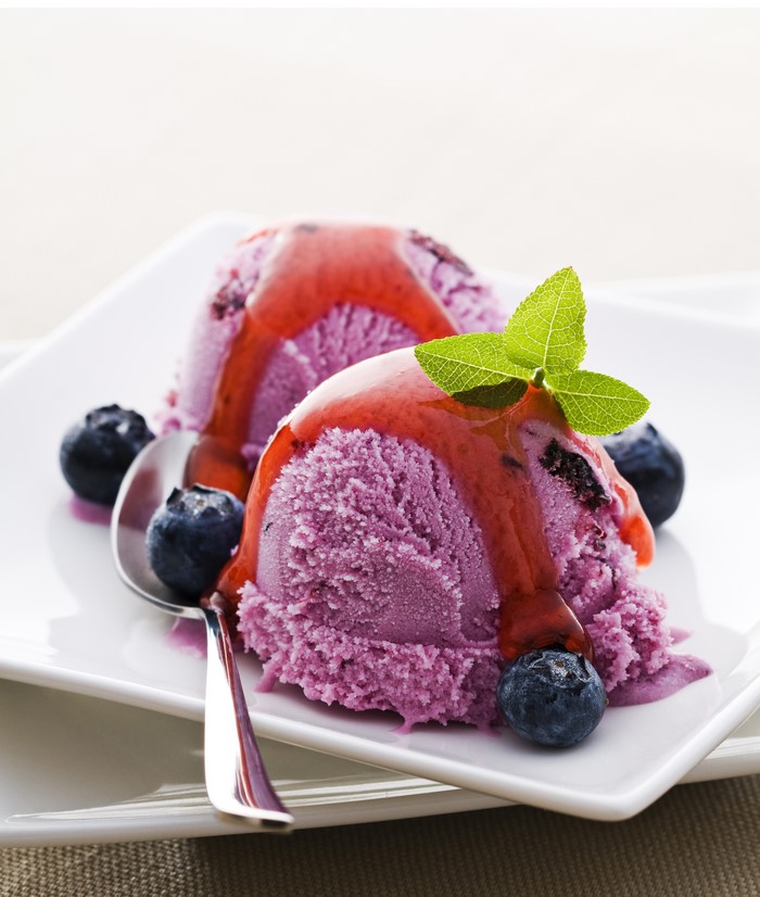 Blueberry ice cream with sauce and blueberries