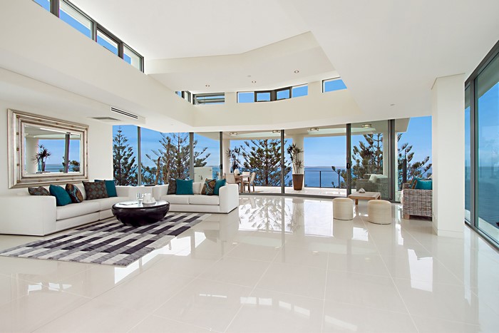 Modern living room with ocean view