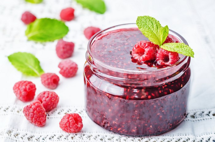 Raspberry Jam in a Jar with Fresh Raspberries and Mint