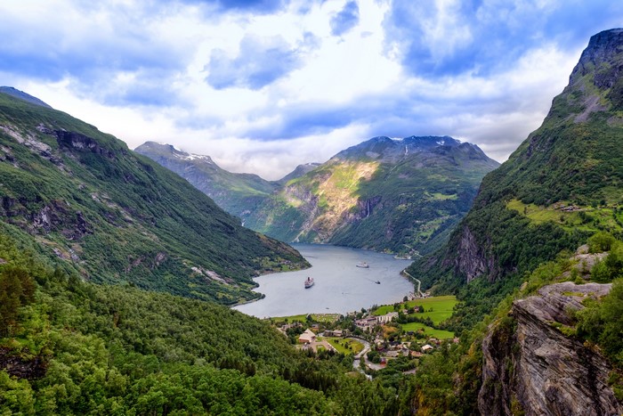 Geiranger Fjord, Norway, with Mountains and Ships