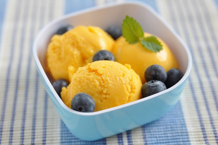 Yellow ice cream scoops with blueberries and mint
